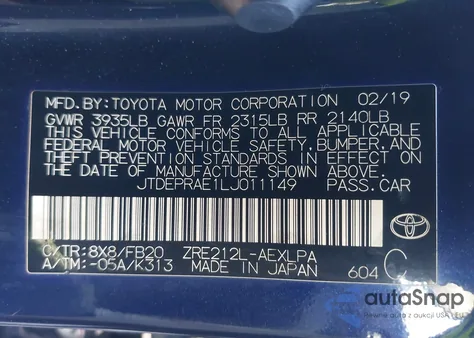 2020 Toyota Corolla Le из США, поврежденный, VIN JTDEPRAE1LJ011149